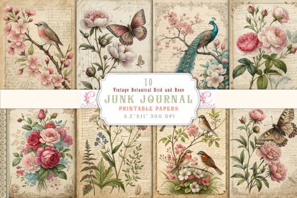 Charm of the Vintage Botanical Bird and Rose Junk Journal