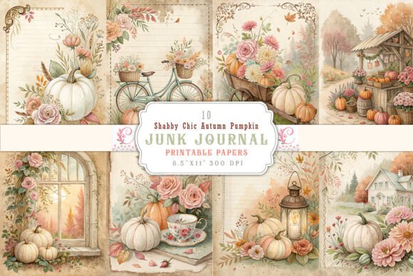Shabby Chic Autumn Pumpkin Junk Journal Pages