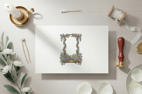 Whimsical Garden Art: The Floral Swing Frame Illustration